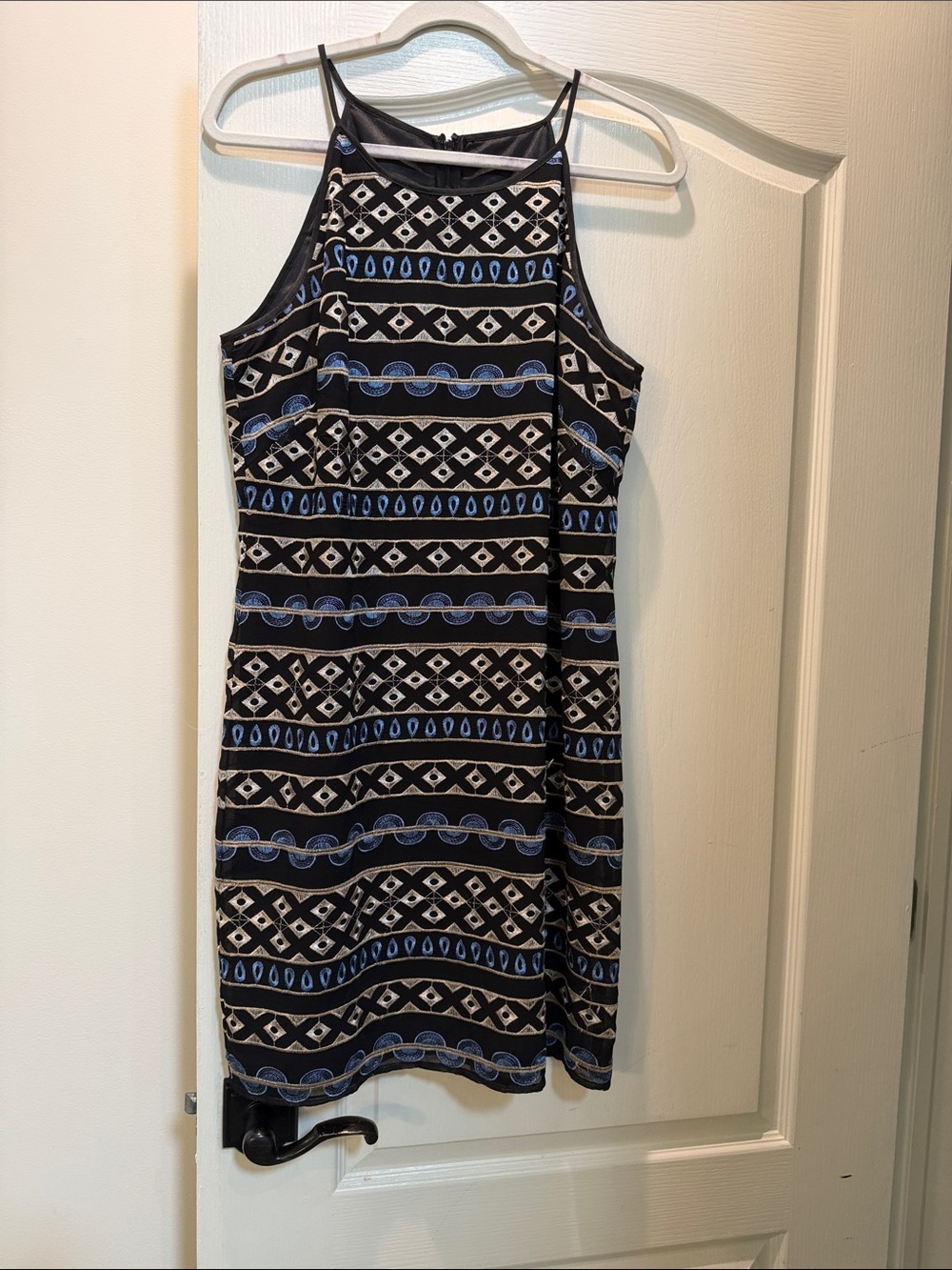 White House Black Market Black and Blue Geometric Halter Mini Dress